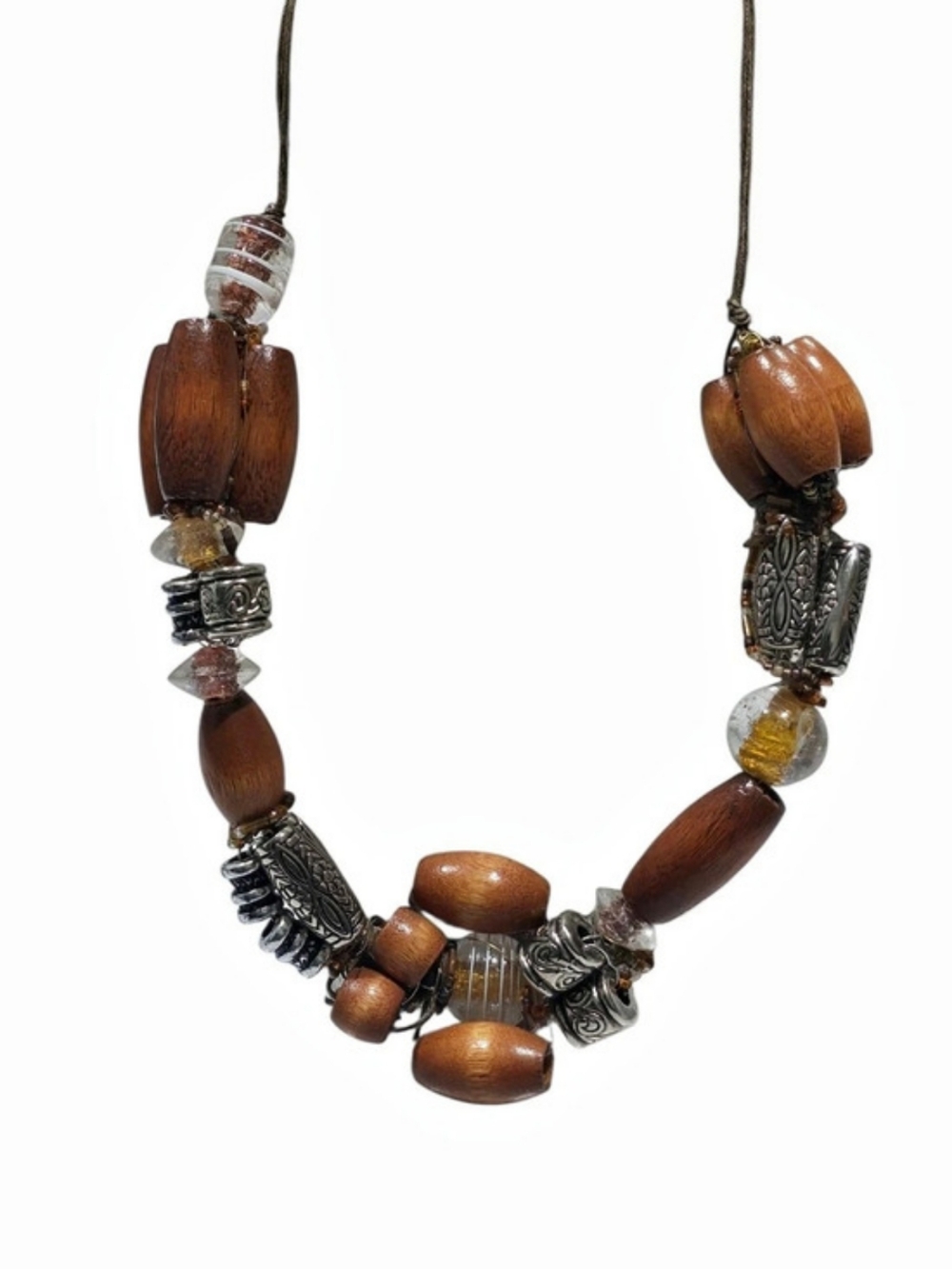 Wood Bead Statement Necklace in Brown & Silver
